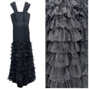 Tadashi Shoji Black Tiered Ruffle Drop Waist Ball Gown Formal Dress Size 0